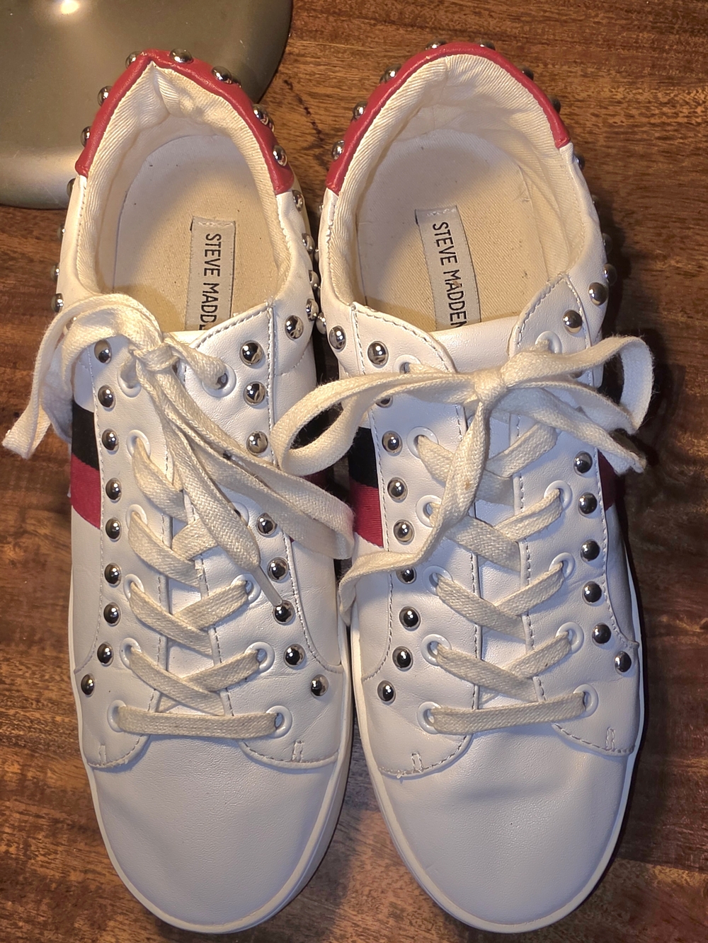 Steve Madden Belle White Studded Platform Sneakers Red & Navy Accents - Size 10